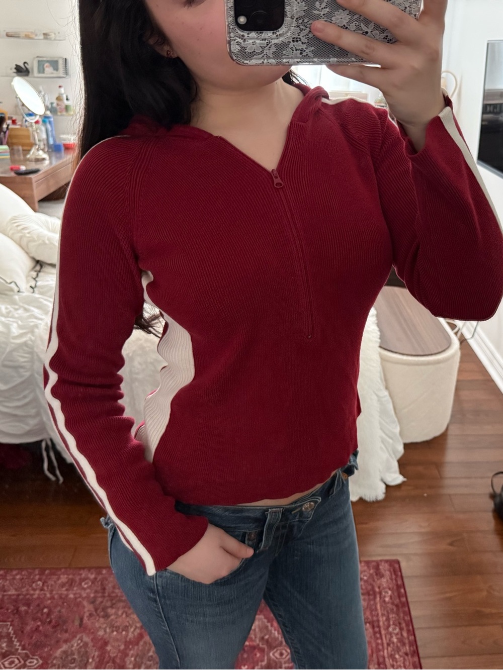 Vintage Jacob Connexion Red Half Zip-Front Sweater with Cream Side Panels